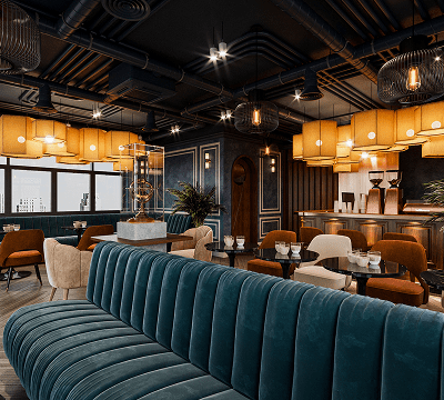 Stylish modern cafe with cozy seating area.