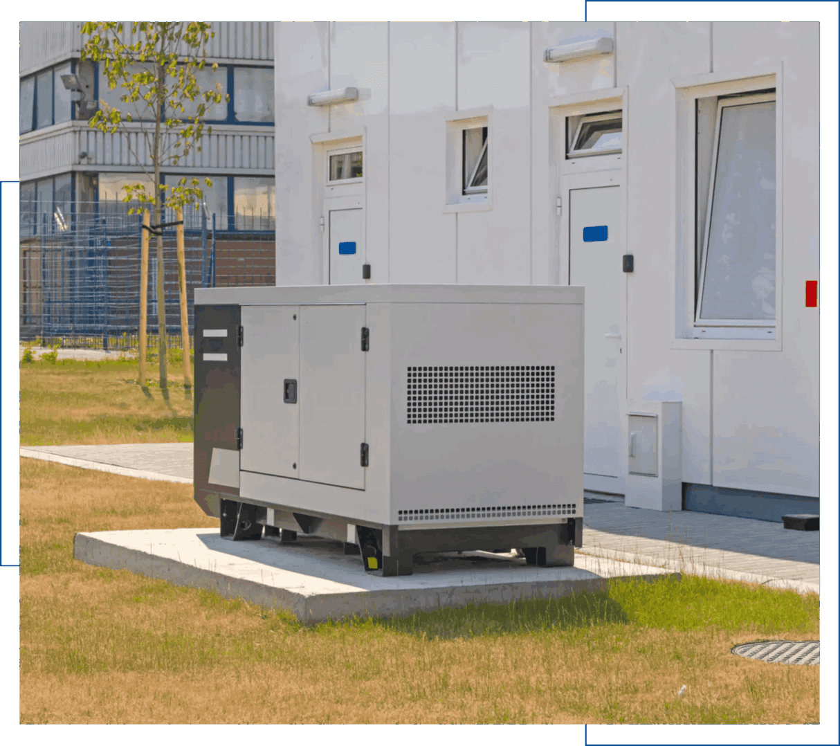 Outdoor industrial generator beside building.