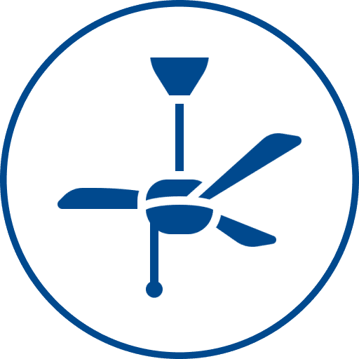 Ceiling fan icon in blue circle.