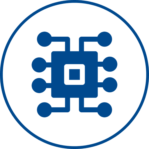 Blue circuit board icon on white background.
