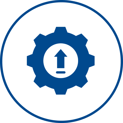 Upward arrow inside blue gear symbol.