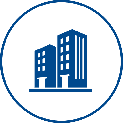 Blue buildings icon on white background.
